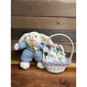 Vintage Plush Bunny With Basket And Two Small Bunnies 11” Tall